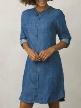 Prana Aliki Roll Tab Sleeve Antique Denim Chambray Shirt Dress, Size Small